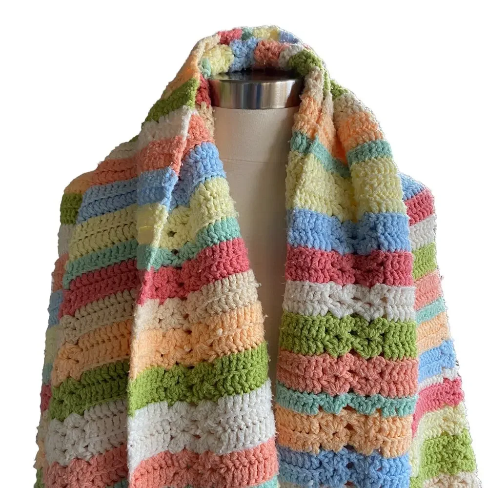 Striped Hand Crocheted Knit Afghan Throw Cottage Core Twee Pretty Blanket Wrap